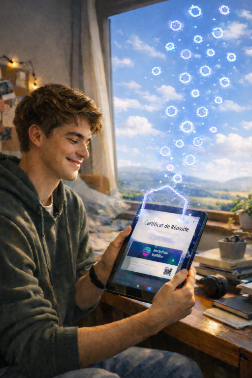 Certificat de réussite blockchain vérifiable sur tablette